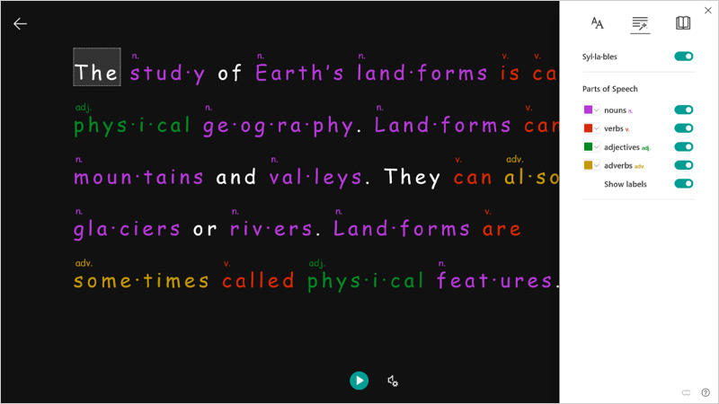 A screenshot of the immersive Reader with text highlighted and grammar color coded